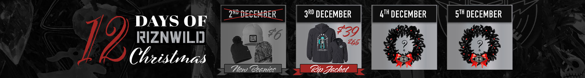 Promotional graphic for '12 Days of Rizonwild Christmas' with product images and dates.