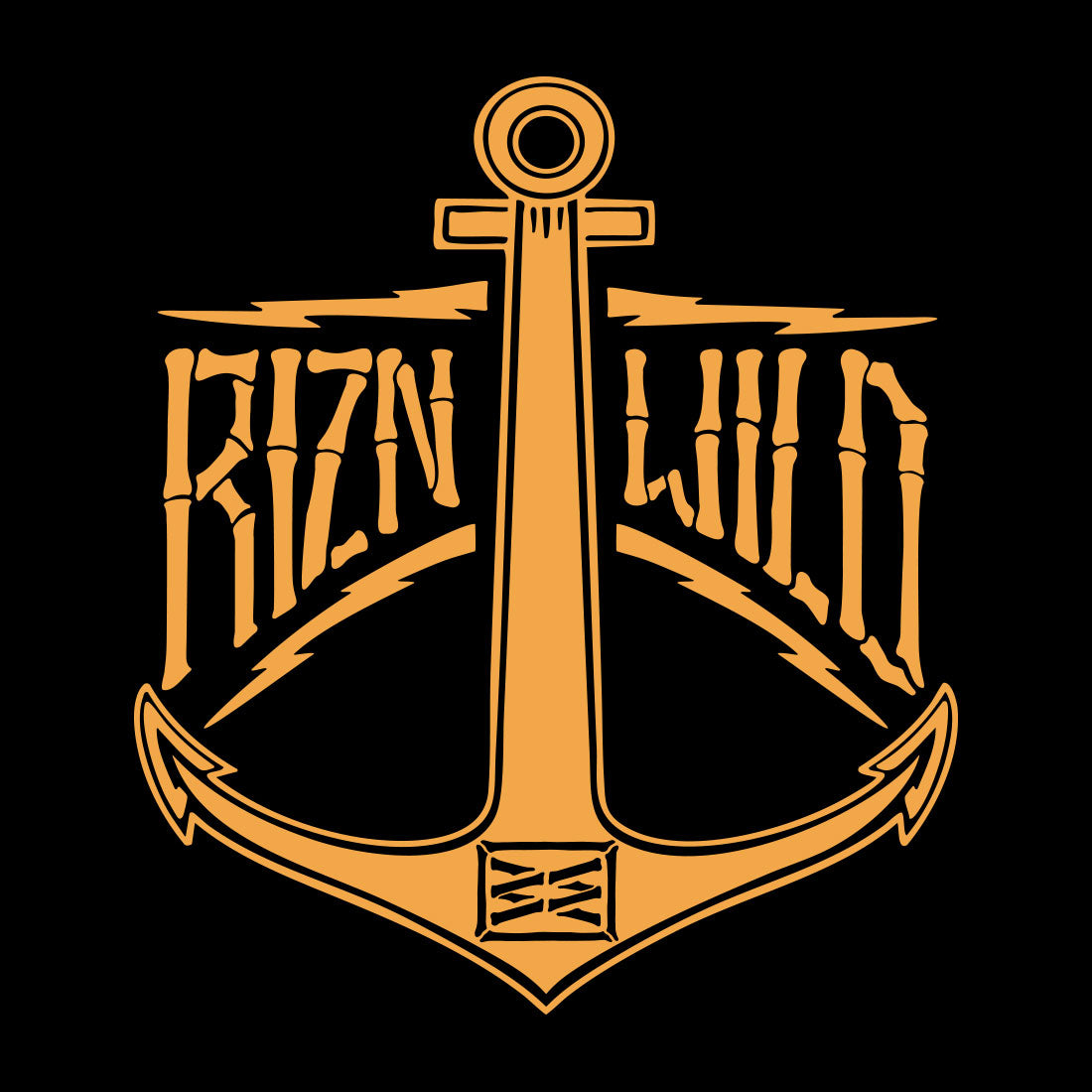 Black Staple Tee featuring a large back graphic of a jet ski rider inside a bottle with gold and white RIZNWILD artwork