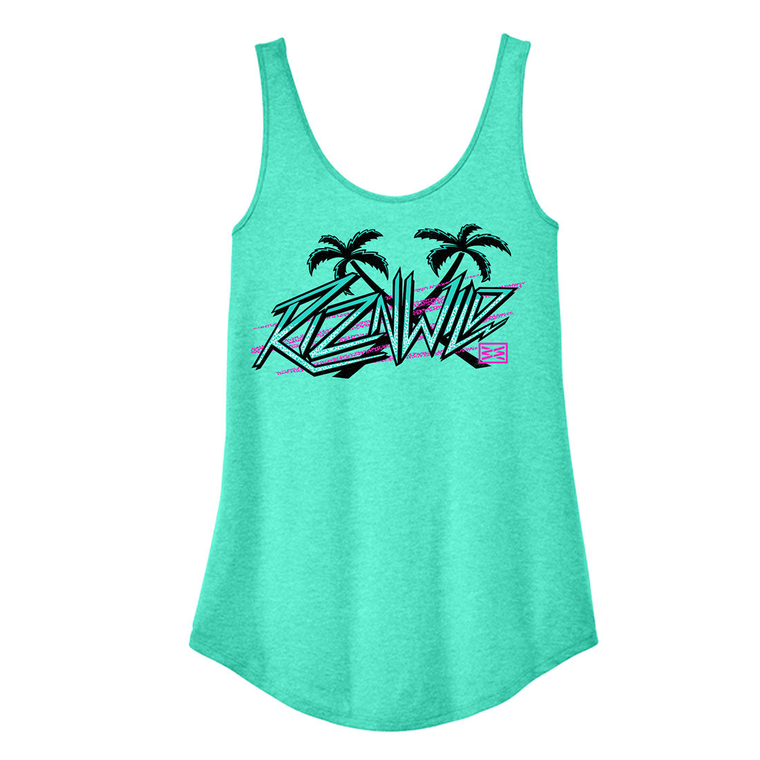 Back view of the Electra tank featuring palm trees and bright pink details