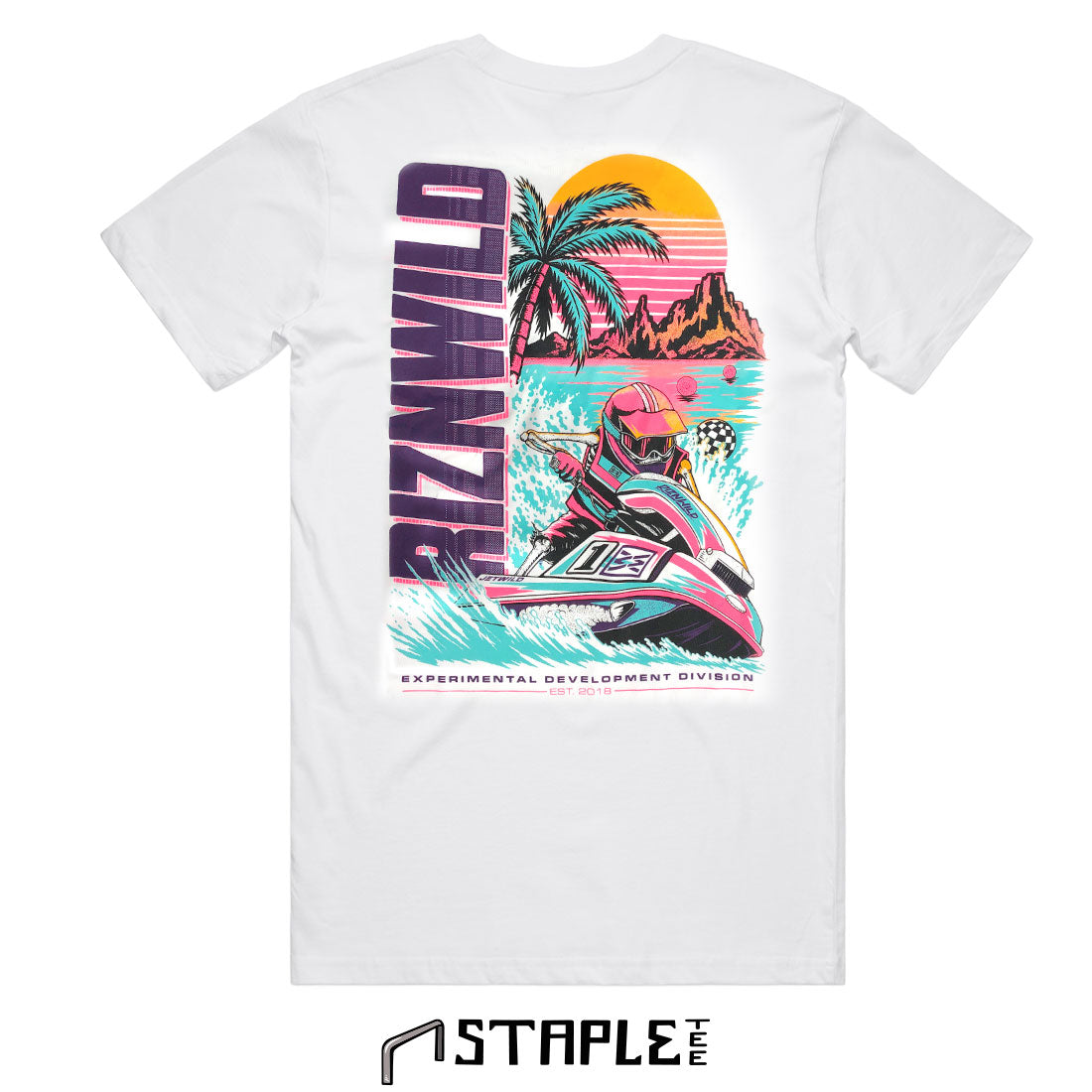 Back view of the Jet Wild men’s tee featuring a watercraft, palm tree and sunset