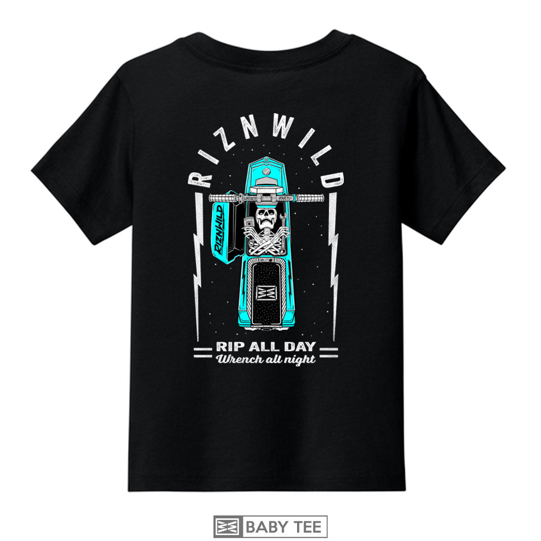 Back view of the black baby shirt featuring turquoise stand up jet ski design