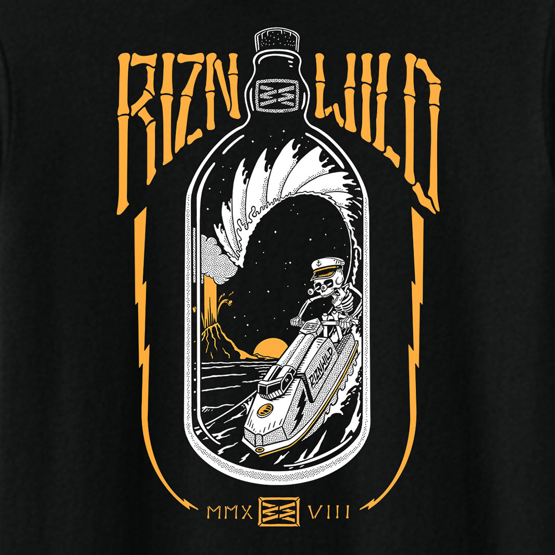 Black RIZNWILD youth graphic tee with motorsports-inspired artwork