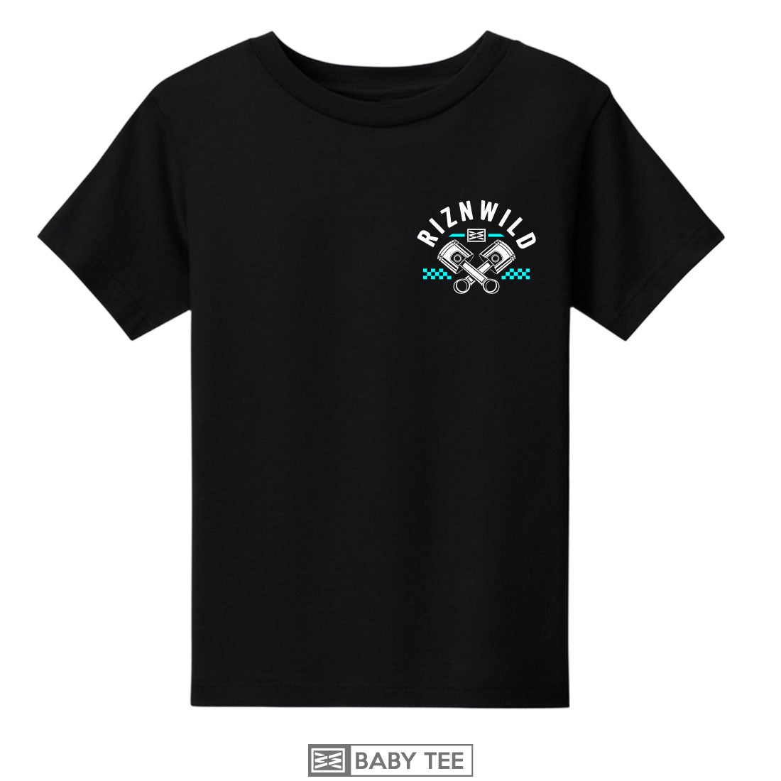 Front view of the RIP baby tee with small crossed-piston chest logo