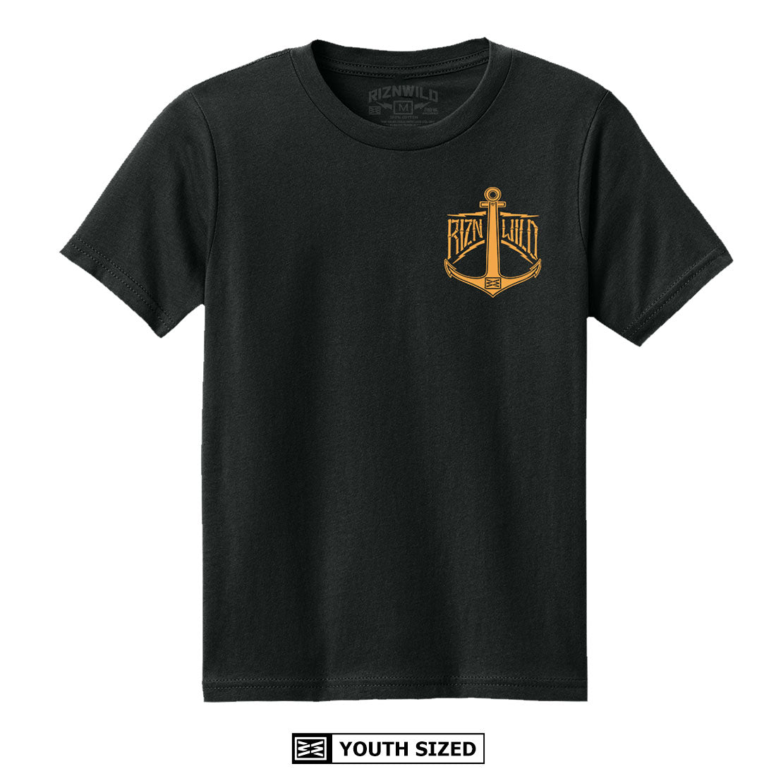 Front view of the Throttle Bottle youth tee with RIZNWILD chest artwork