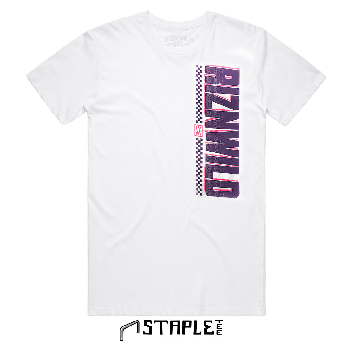 Front view of the white Jet Wild tee with vertical RIZNWILD chest print
