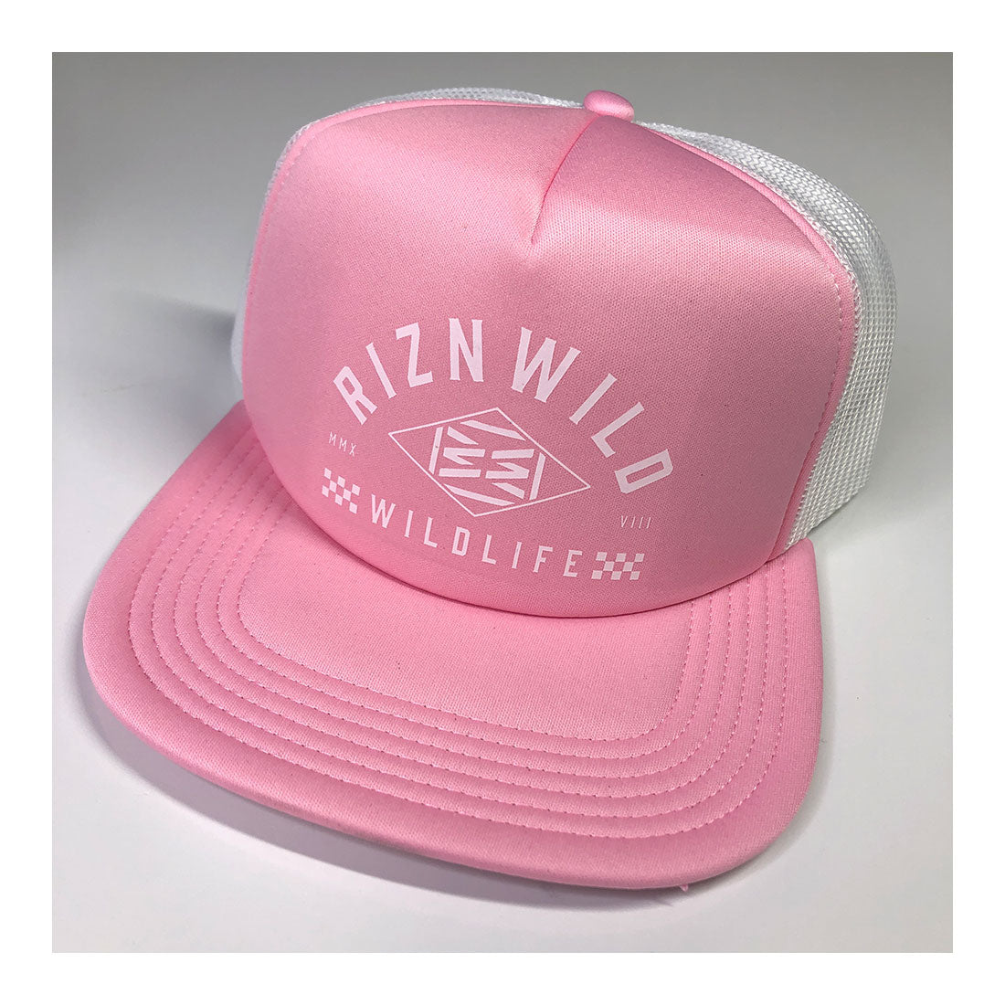 Icon Flat Bill Foam Front Trucker Hat in Pink/White