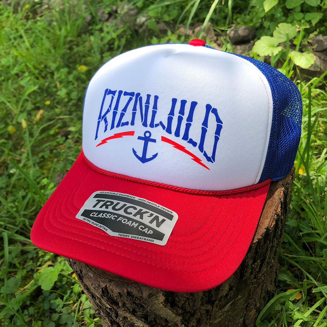 Harbor Curved Bill Foam Front Trucker Hat in Red/White/Blue