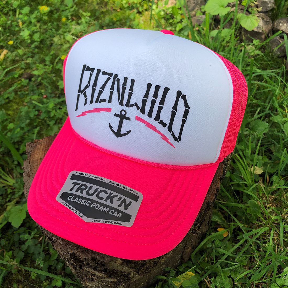 Harbor Curved Bill Foam Front Trucker Hat in White/Neon Pink