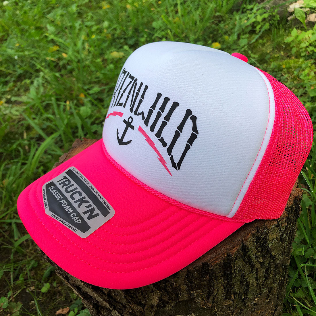 Harbor Curved Bill Foam Front Trucker Hat in White/Neon Pink