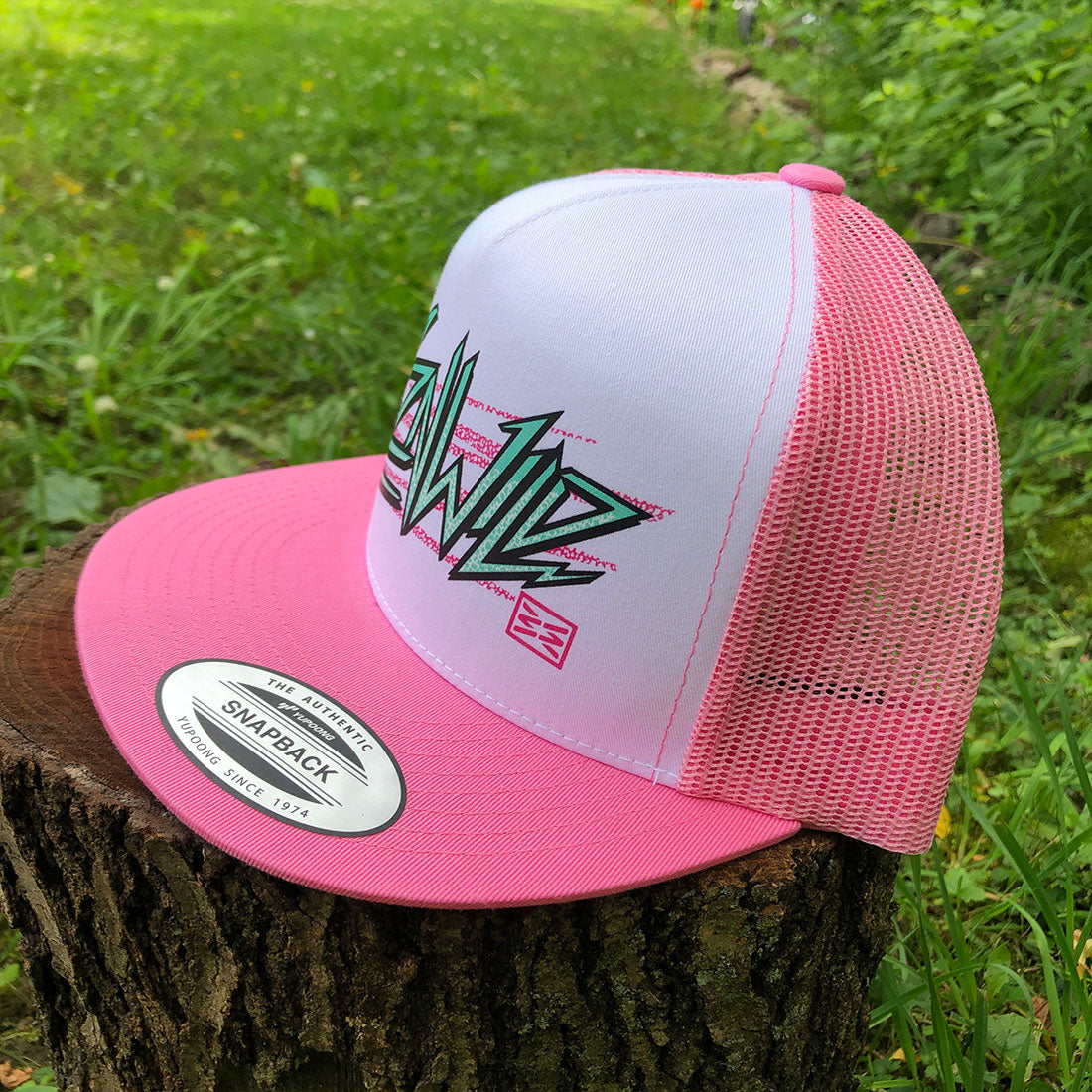 Electra Flat Bill Trucker Hat in White/Pink