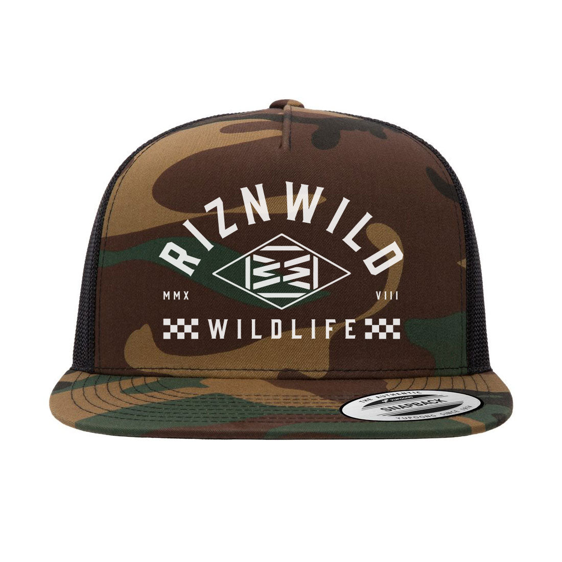 RIZNWILD Icon Trucker Hat in Green Camo and Black Mesh