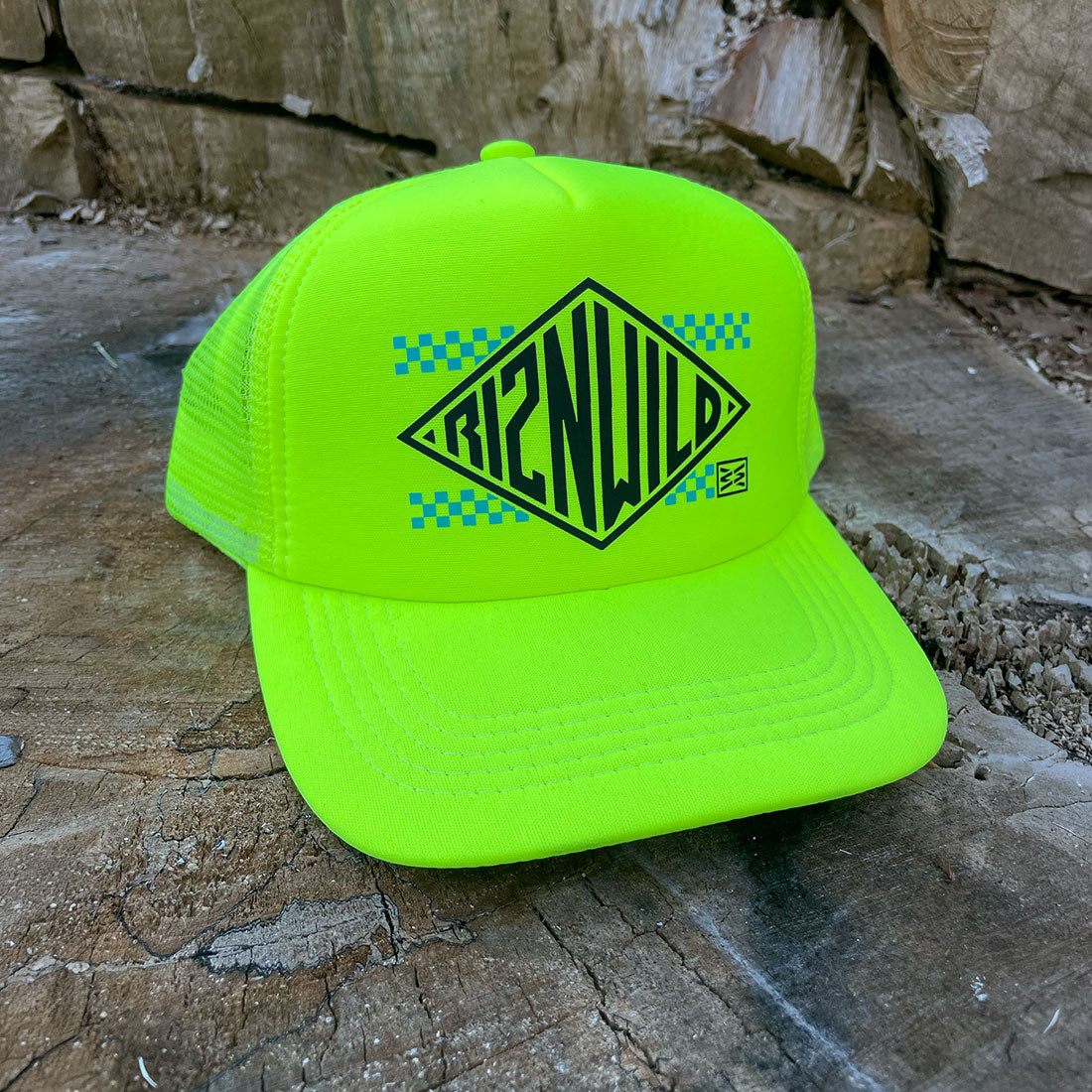 Neon yellow mesh trucker cap with black RIZNWILD diamond logo