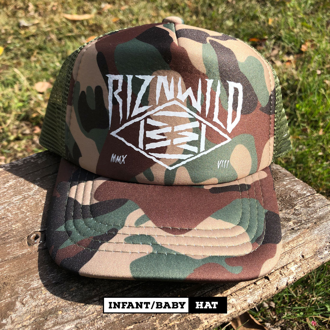 Camouflage baby trucker hat with 'Riznwild' logo front and center