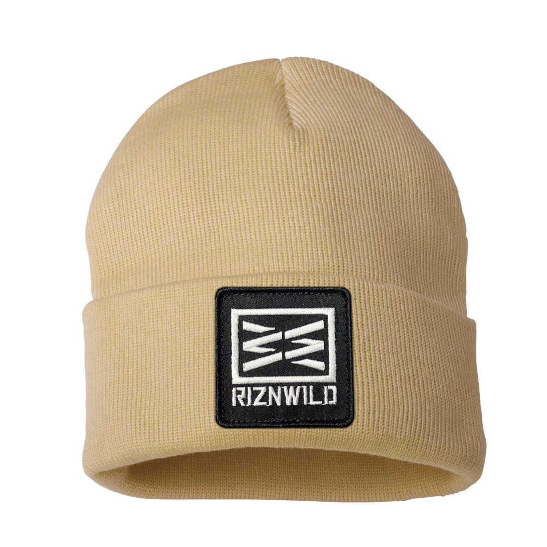 RIZNWILD camel cuffed beanie with black and white woven logo patch