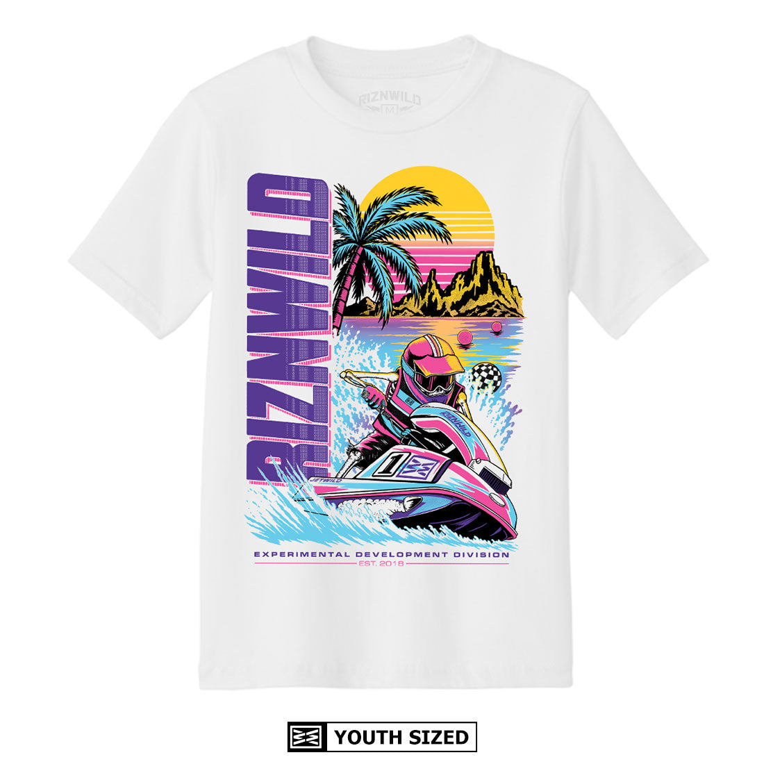 RIZNWILD Jet Wild white youth T-shirt with colorful jet ski racing back graphic