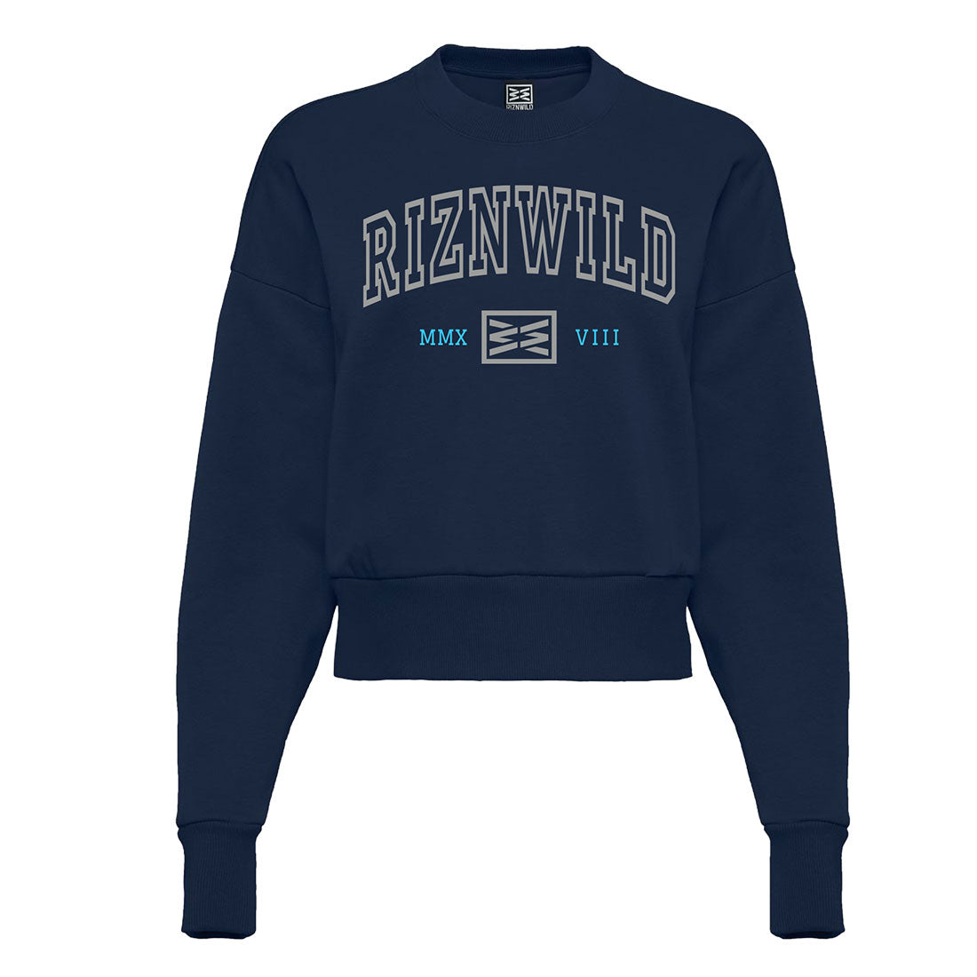 RIZNWILD Legacy women's navy cropped crewneck sweatshirt with arched printed logo