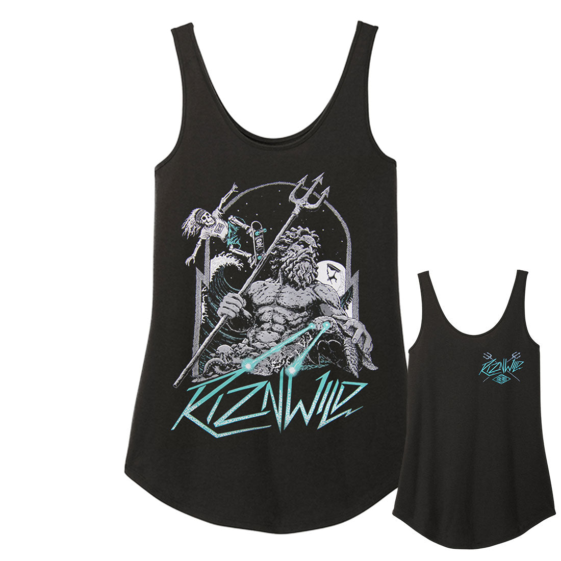 RIZNWILD Neptune women’s relaxed tank top in black with sea king artwork
