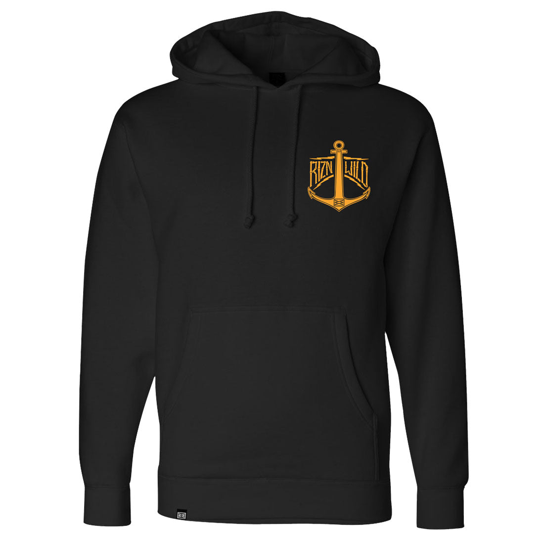 RIZNWILD Throttle Bottle black heavyweight hoodie featuring full back jet ski bottle artwork and front chest logo.