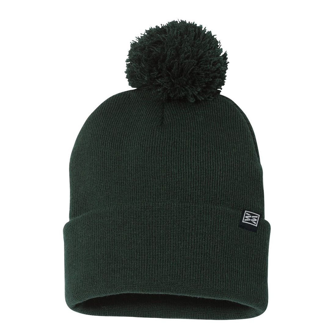 RIZNWILD forest green cuffed pom beanie with matching pom pom and black woven logo sewed on the side.