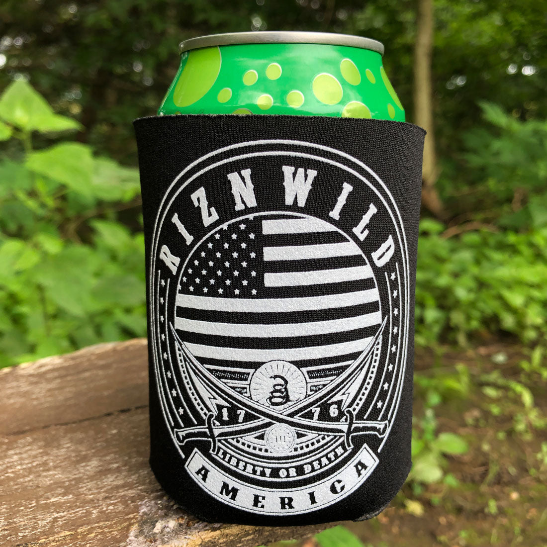 patriotic koozie, black can cooler, liberty drink sleeve, American flag koozie, 1776 can holder, RIZNWILD drink cooler, 4th of July merch, freedom sleeve, USA koozie