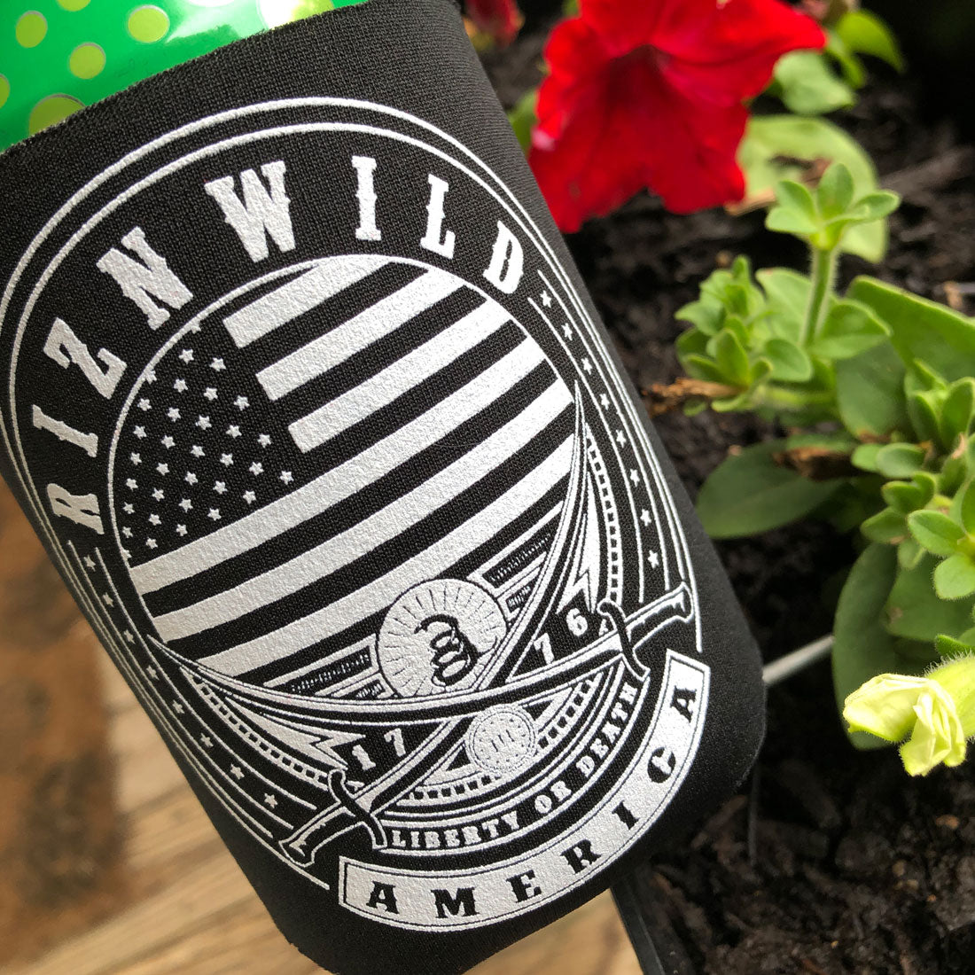 patriotic koozie, black can cooler, liberty drink sleeve, American flag koozie, 1776 can holder, RIZNWILD drink cooler, 4th of July merch, freedom sleeve, USA koozie