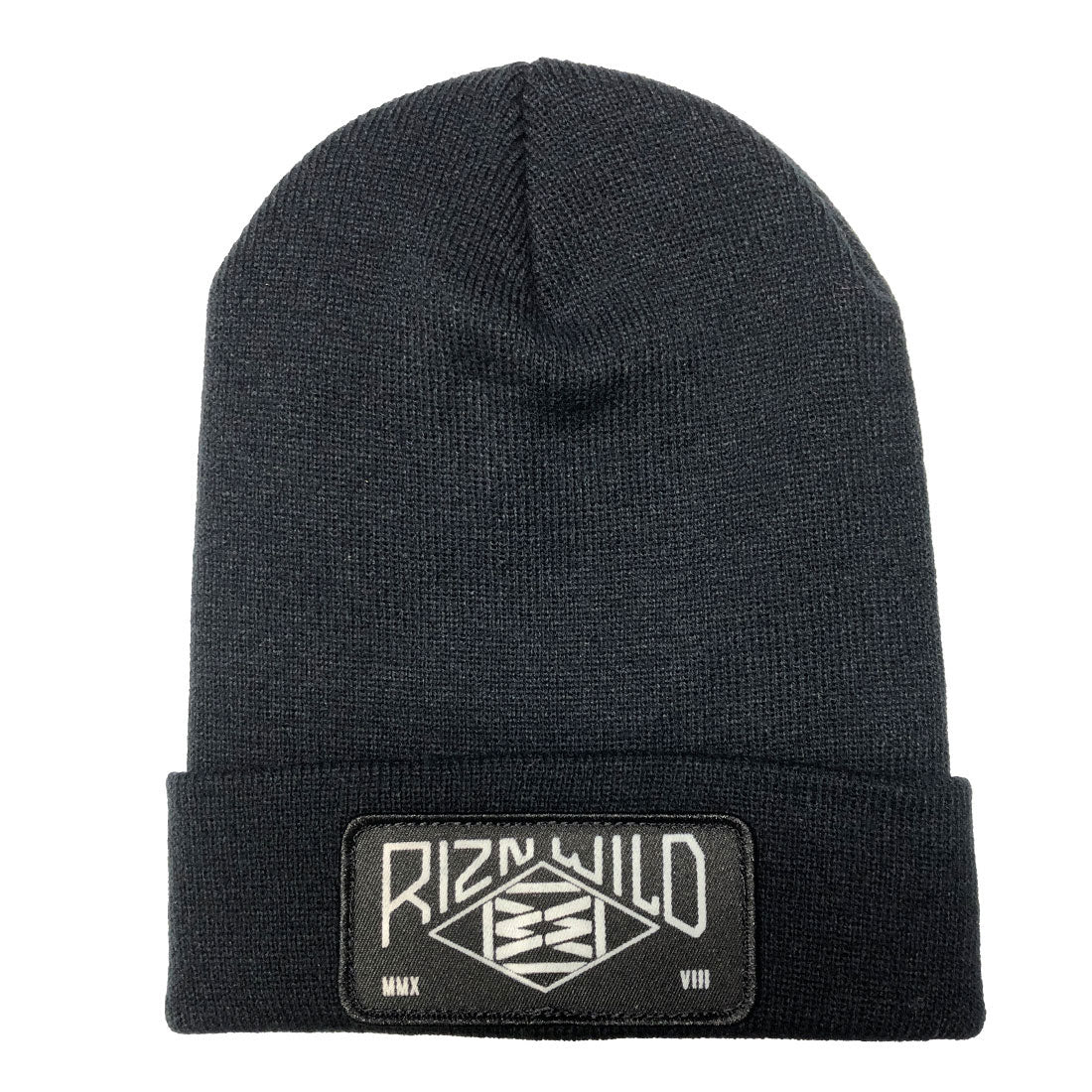 A black knit beanie with a cuffed rim, featuring a 'RIZNWILD' patch on the front.