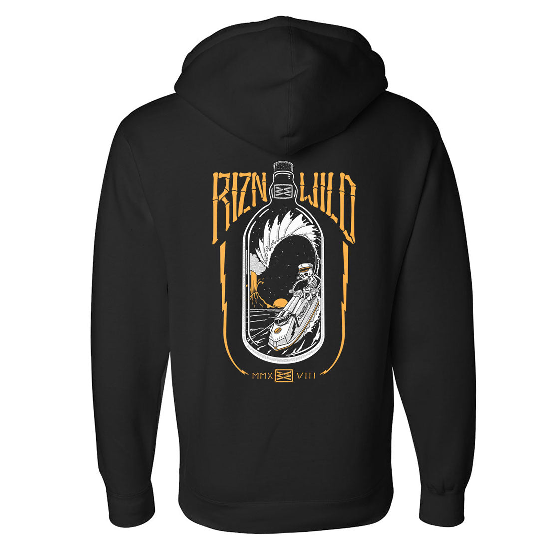 Black heavyweight hoodie with large back graphic of a jet ski rider inside a bottle and golden RIZNWILD logo on chest