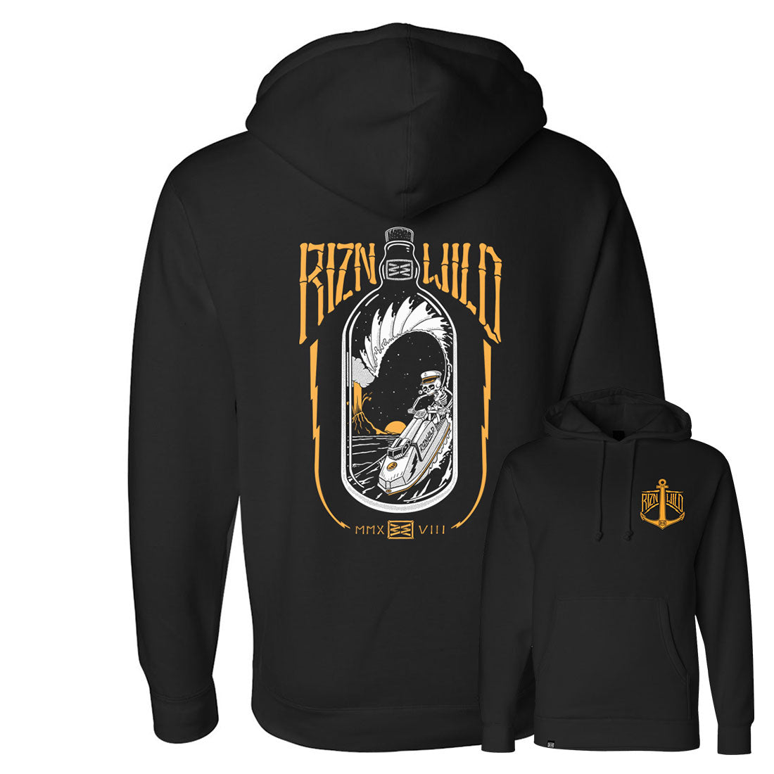 Black men’s heavyweight hoodie with RIZNWILD Throttle Bottle jet ski graphic on back