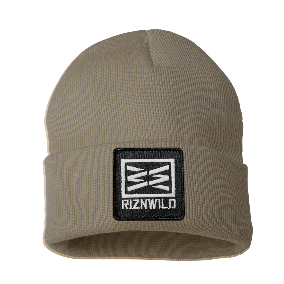 RIZNWILD camel cuffed beanie with black and white woven logo patch