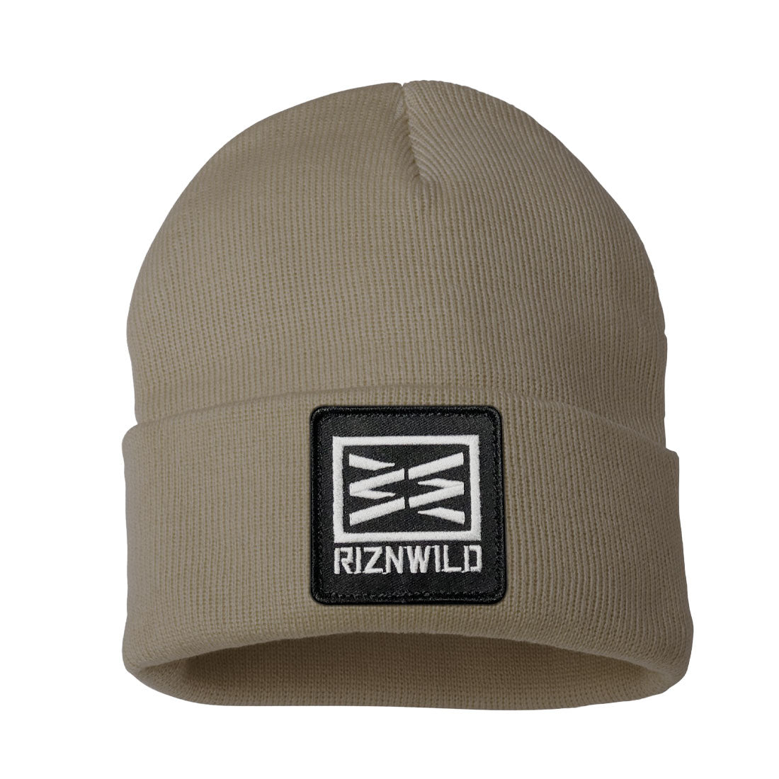 Beige beanie with a black patch featuring 'RIZNWILD' logo embroidered onto the patch.