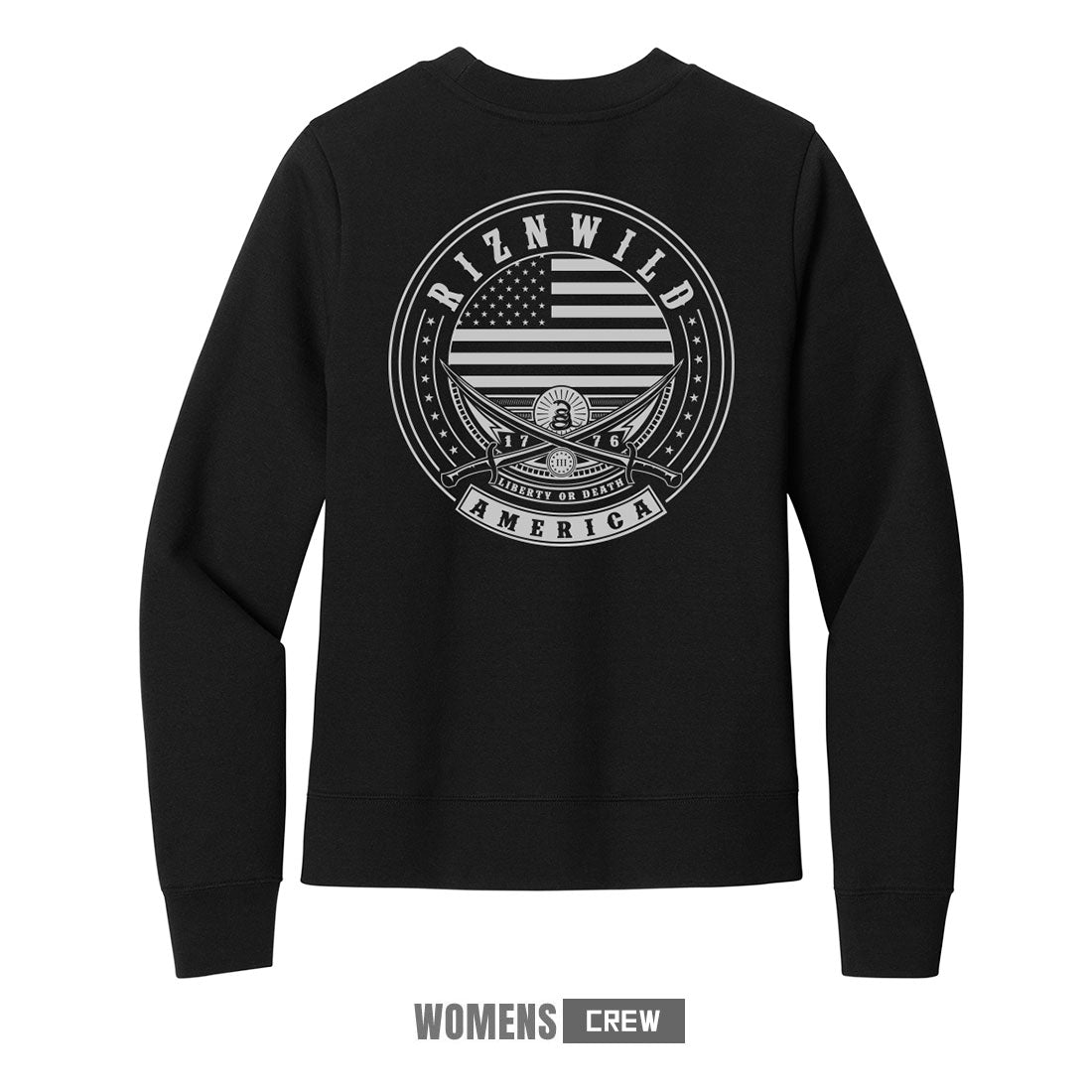 Patriotic 1776 graphic on black RIZNWILD women’s crewneck sweatshirt