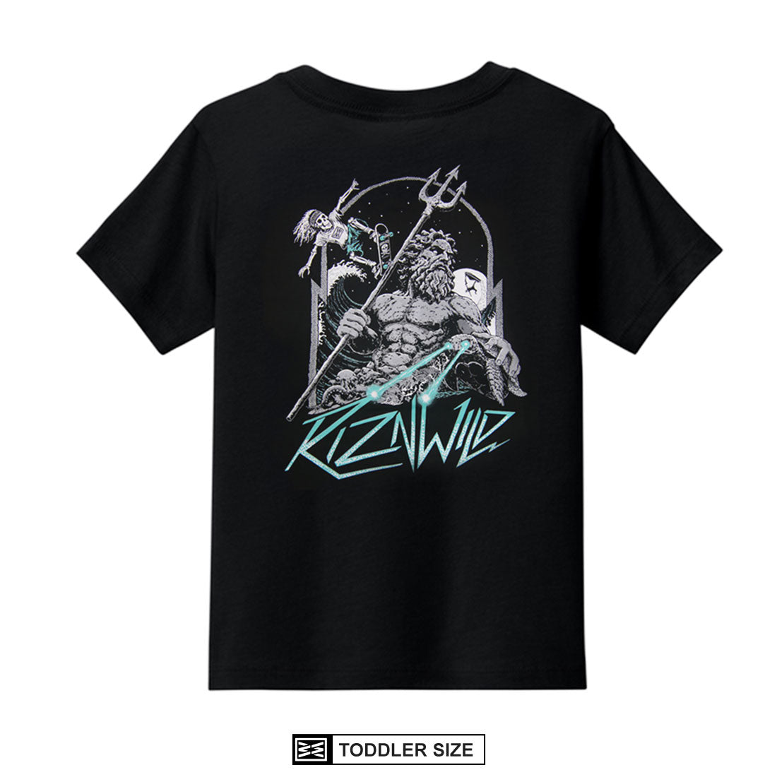 Back view of the black toddler shirt featuring waves, a trident and Neptune artwork