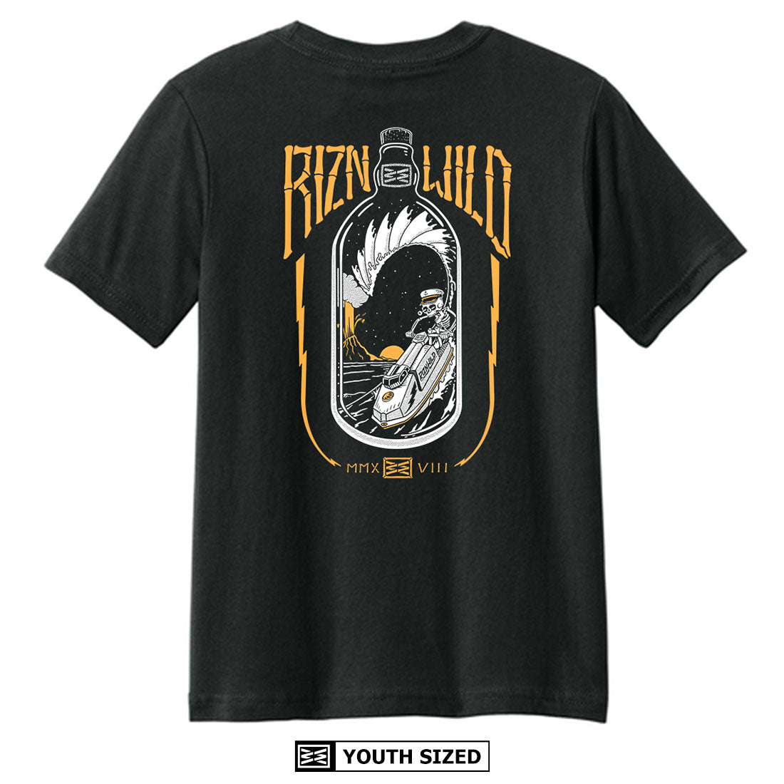 Back view of the black youth shirt featuring the Throttle Bottle design