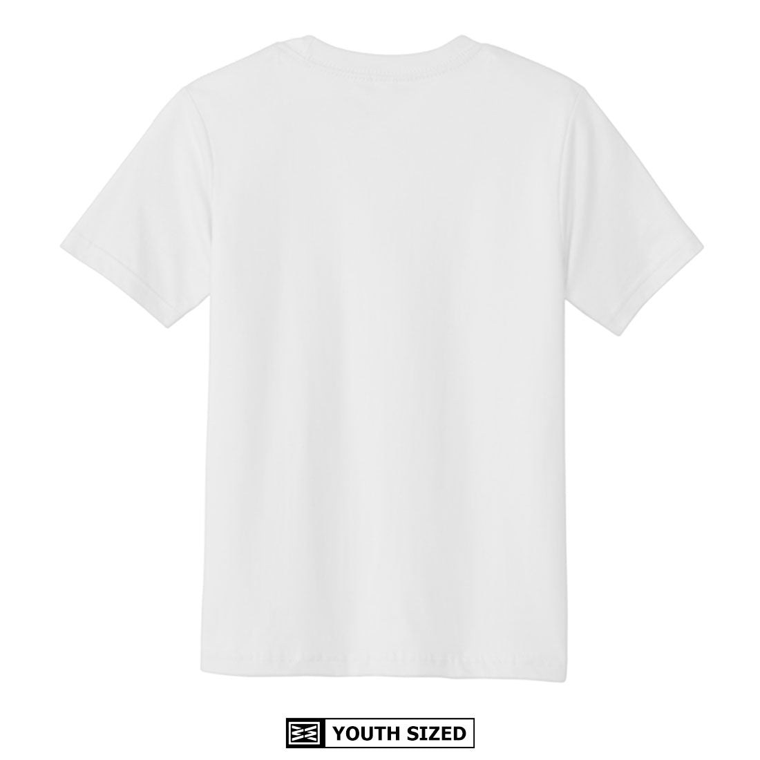 Back view of the white youth shirt featuring a blank back.