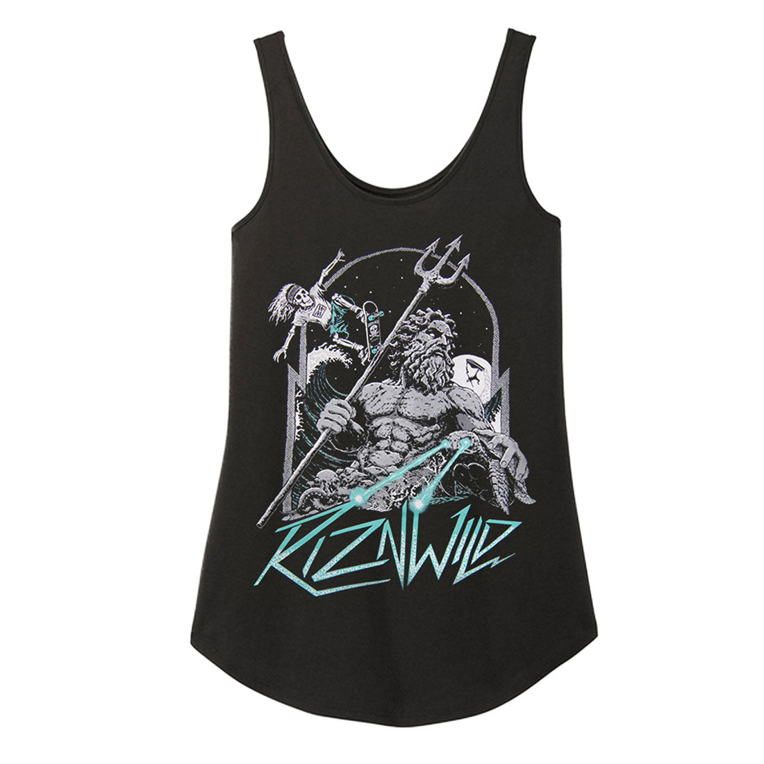 Back view of the women’s tank featuring Neptune, a trident and crashing waves