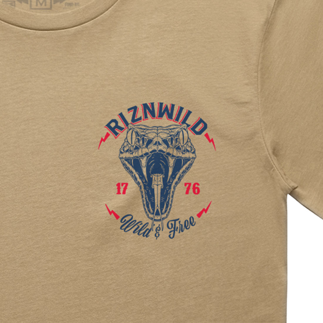 sand graphic tee, don’t tread on me shirt, RIZNWILD USA t-shirt, patriotic snake shirt, freedom tee men, 1776 t-shirt, American flag shirt, sand color streetwear