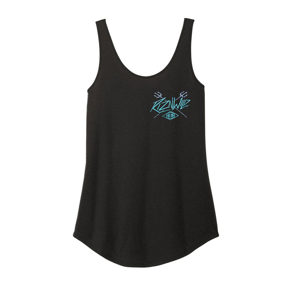 Front view of the black Neptune women’s tank with turquoise chest logo