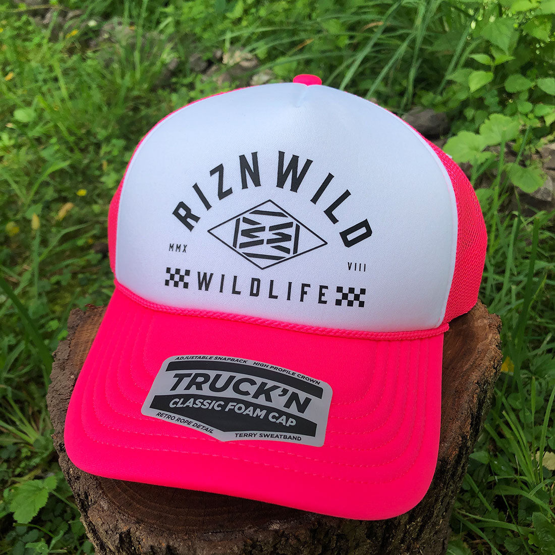 Icon Curved Bill Foam Front Trucker Hat in White/Neon Pink