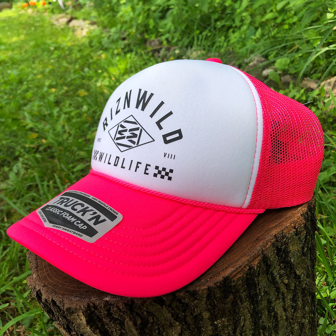 Icon Curved Bill Foam Front Trucker Hat in White/Neon Pink