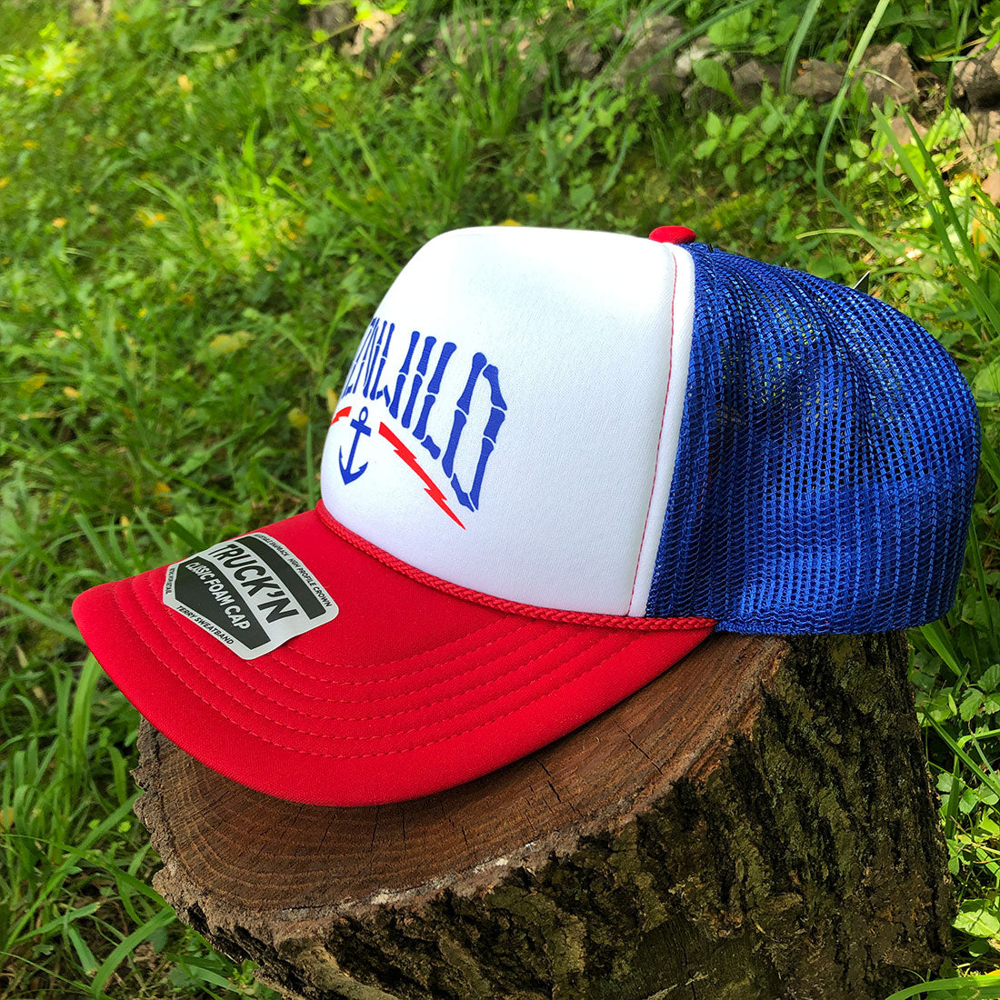 Harbor Curved Bill Foam Front Trucker Hat in Red/White/Blue