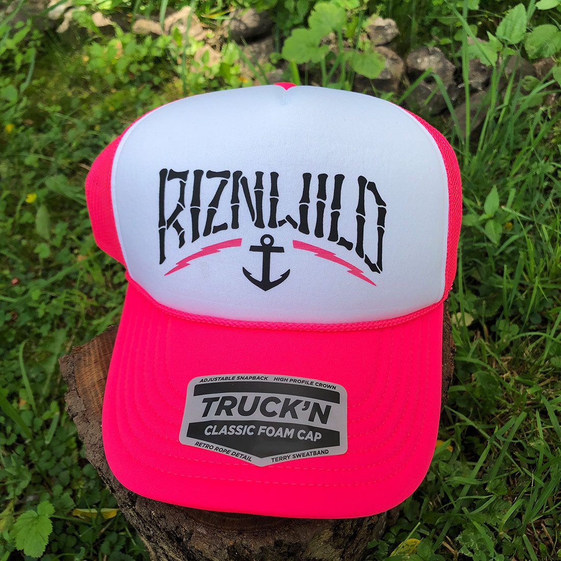 Harbor Curved Bill Foam Front Trucker Hat in White/Neon Pink