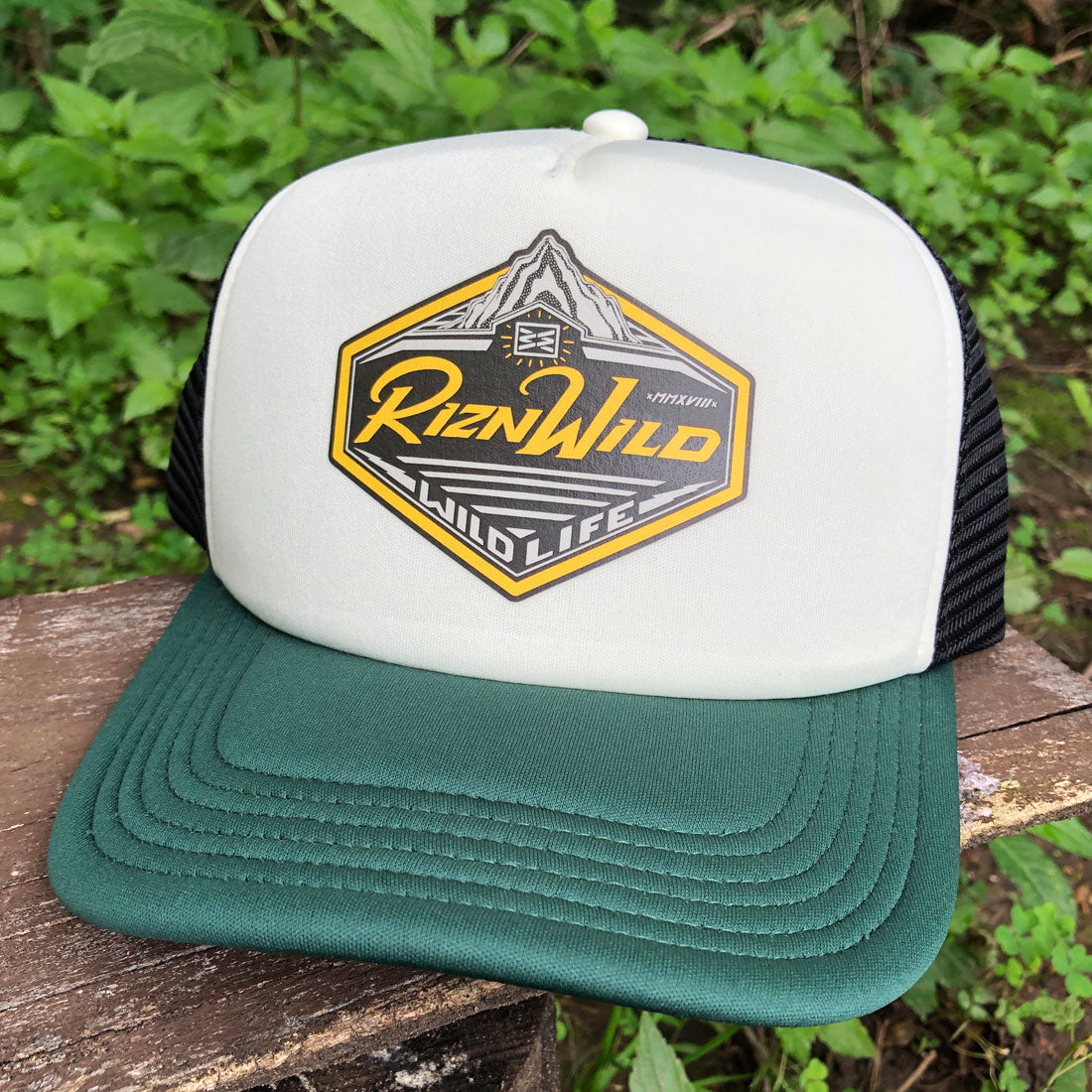 Good Times Curved Bill Foam Front Trucker Hat in Cream/Green/Black