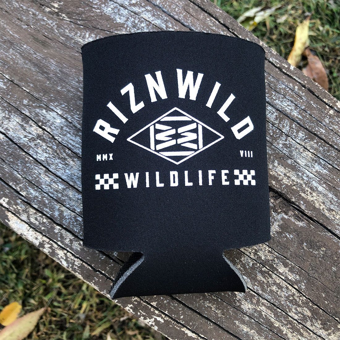 Close-up of RIZNWILD Icon can koozie texture and printed white logo.