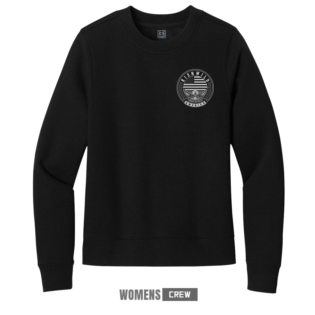 RIZNWILD women’s crewneck featuring American flag, crossed blades, and Liberty or Death emblem