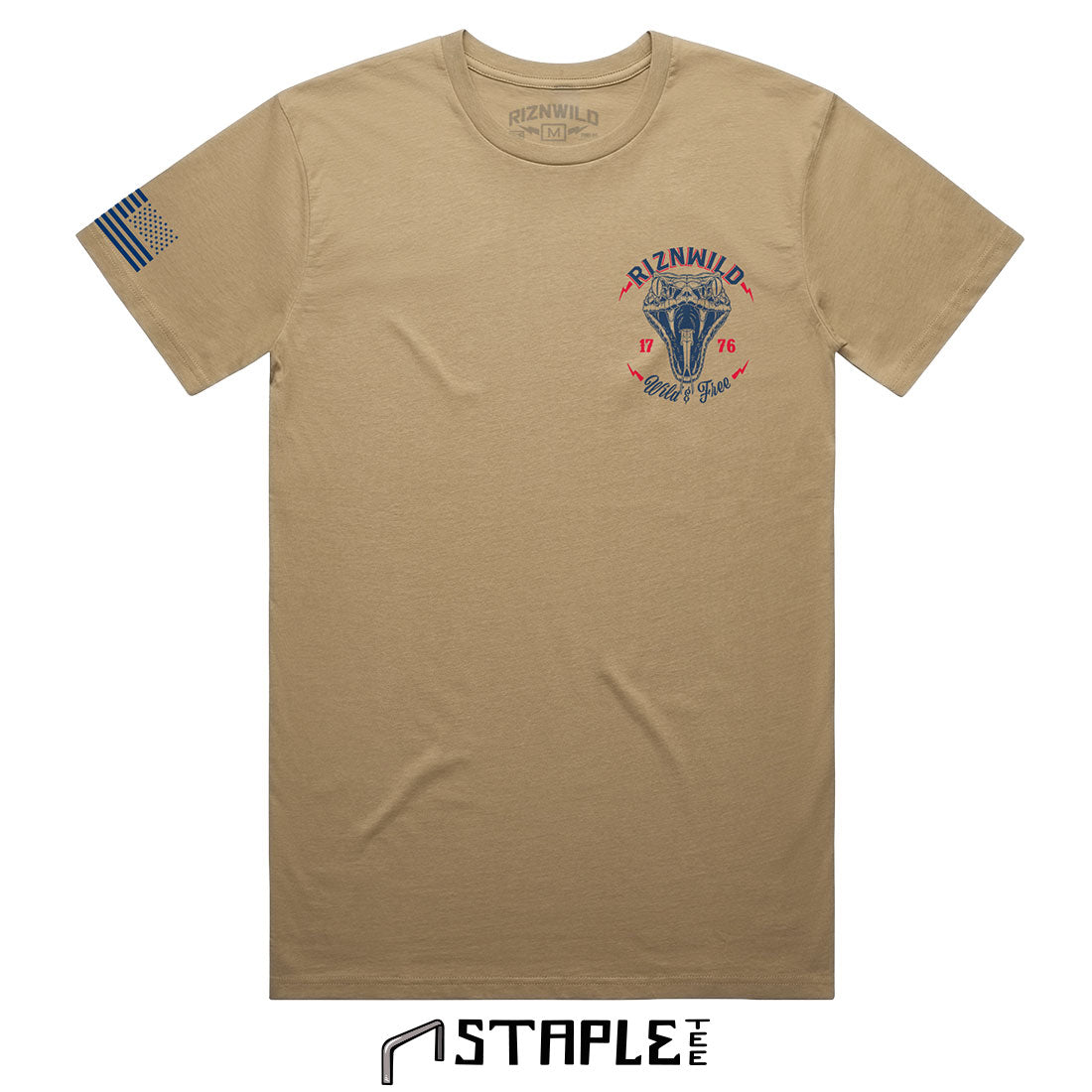 sand graphic tee, don’t tread on me shirt, RIZNWILD USA t-shirt, patriotic snake shirt, freedom tee men, 1776 t-shirt, American flag shirt, sand color streetwear