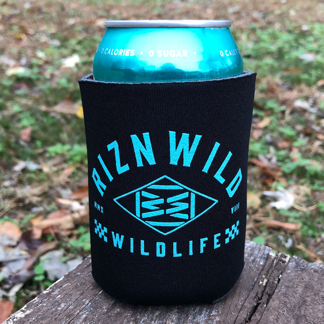 Black RIZNWILD koozie with light blue Wildlife logo