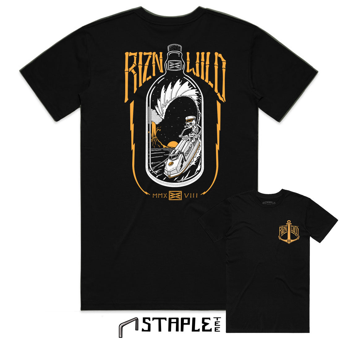 Black men’s t-shirt with RIZNWILD Throttle Bottle jet ski graphic