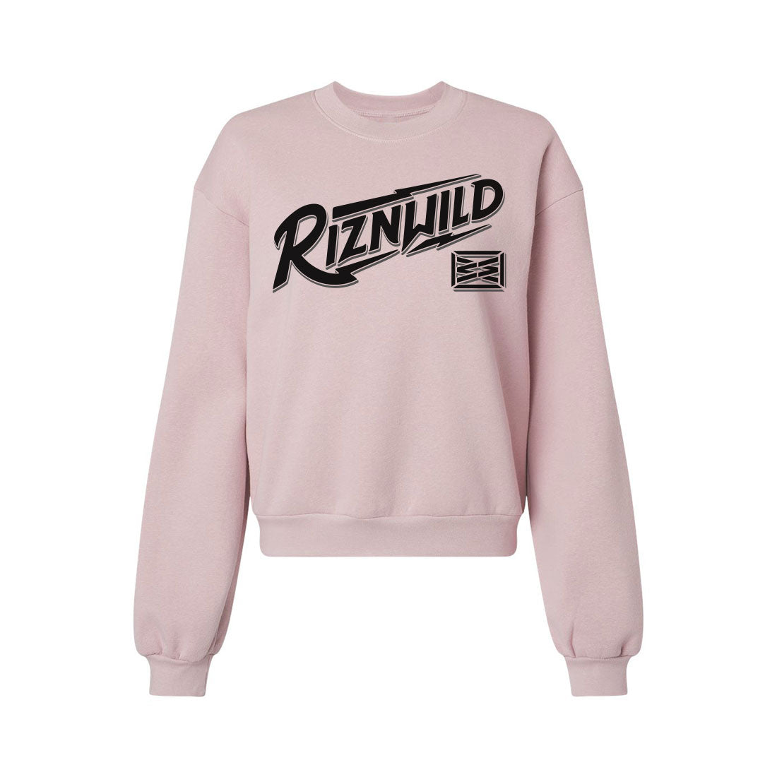 Women’s blush cropped fleece crewneck featuring the black RIZNWILD Voltage graphic