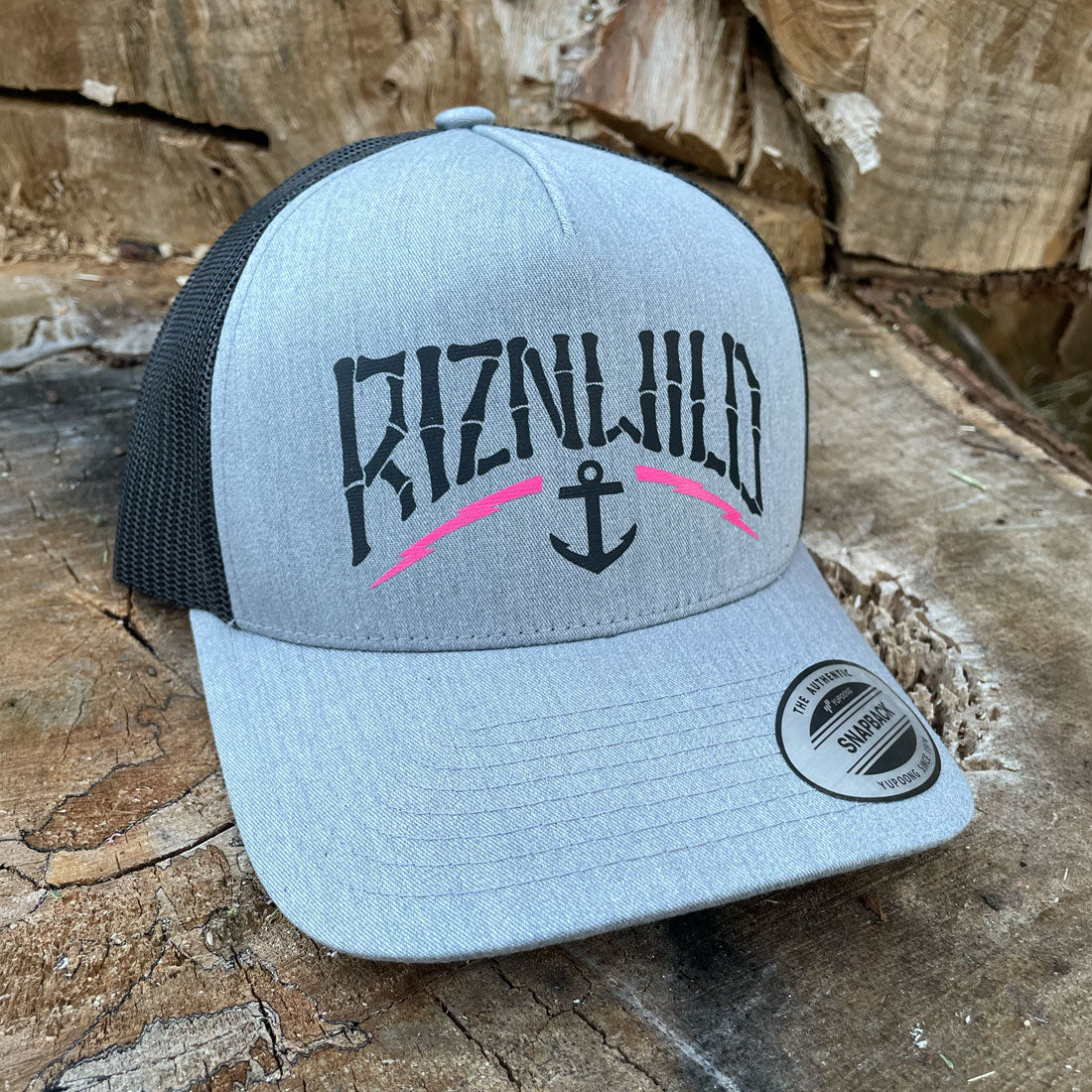 RIZNWILD Harbor curved bill trucker hat in heather grey and black