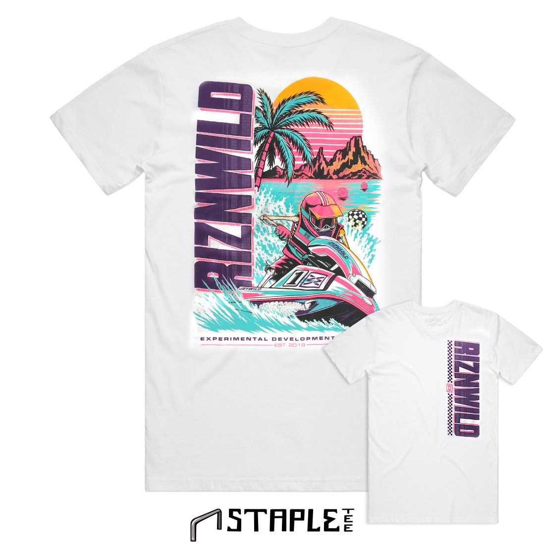 RIZNWILD Jet Wild men’s white T-shirt with colorful jet ski racing back graphic and vertical front logo